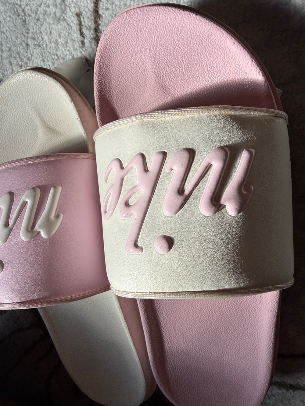 Nike Pink and Cream Script Slide Sandals